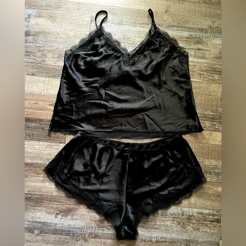 Victoria's Secret Black Satin Lace Pajama Set